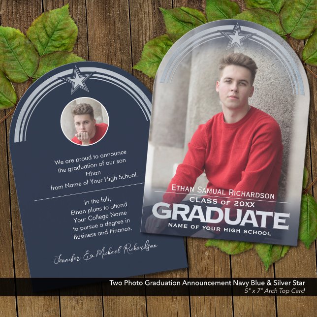 Foto Abschluss Ankündigung Blue & Silver Star (Two Photo Graduation Announcement in Dark Navy Blue with Faux Metallic Silver Embossed Details.)
