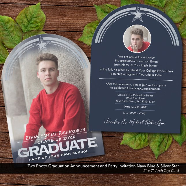 Foto Abschluss Ankündigung und Party Einladung (Two Photo Graduation Announcement & Invite: Dark Navy Blue & Faux Metallic Silver Embossed Details.)