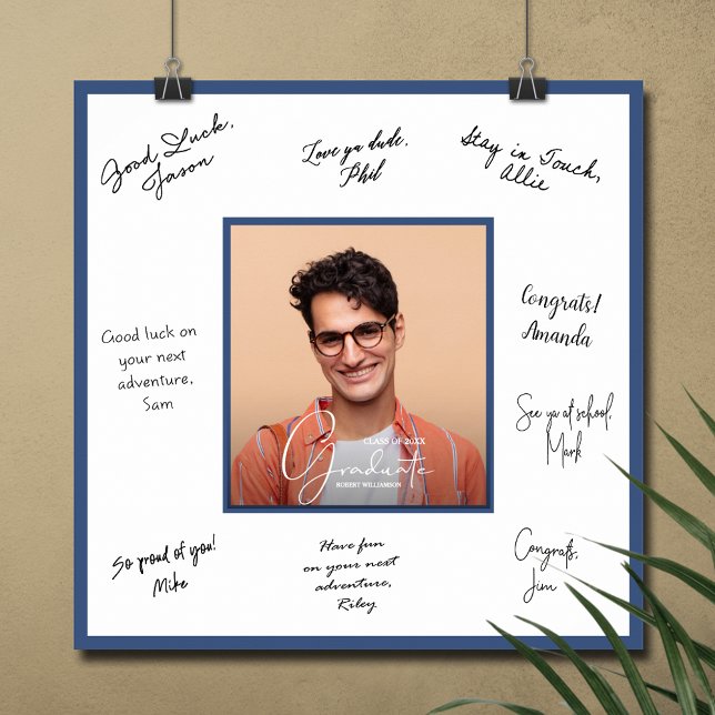 Foto Abschluss Autograph Blau Poster (Graduation autograph poster with your photo and blue border, INSTANT DOWNLOAD and/or PRINTED)