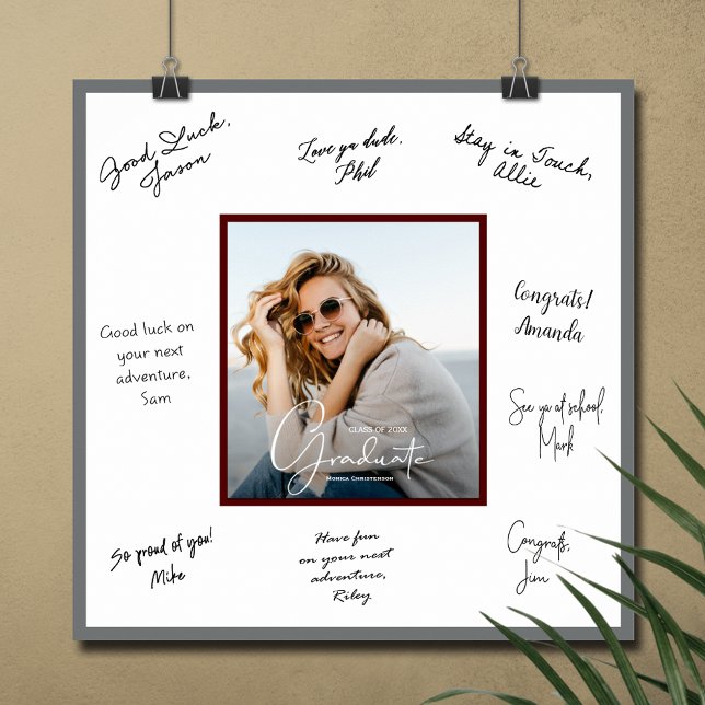 Foto Abschluss Autograph Dark Maroon Gray Poster (Graduation autograph poster with photo and maroon and gray border, INSTANT DOWNLOAD and/or PRINTED)