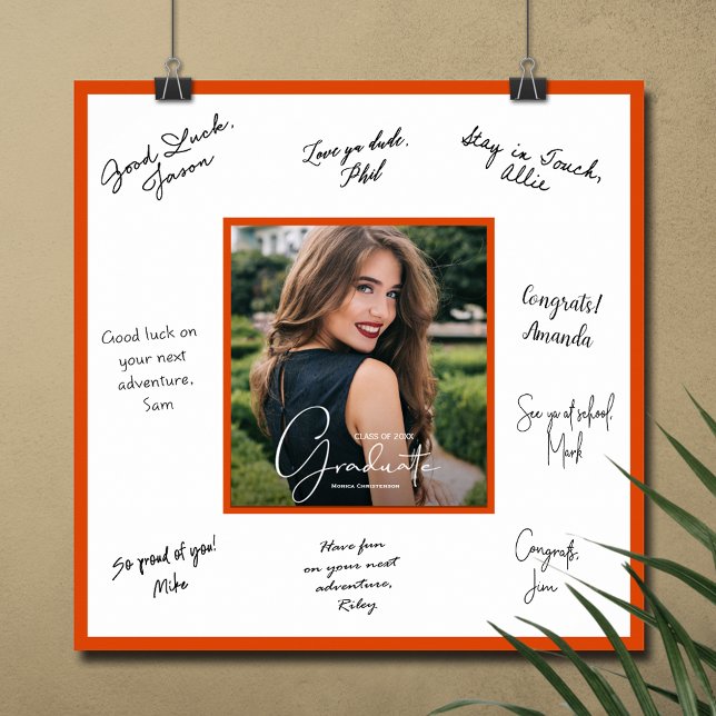 Foto Abschluss Autograph Orange Border Poster (Graduation autograph photo poster with orange border, INSTANT DOWNLOAD and/or PRINTED)
