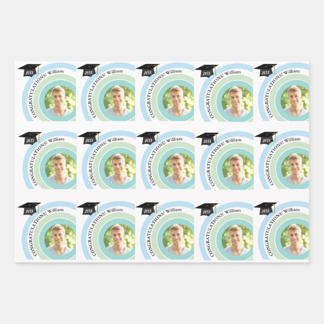 Foto Abschluss Blue & Green Wrapping Paper Geschenkpapier Set (Vorderseite)
