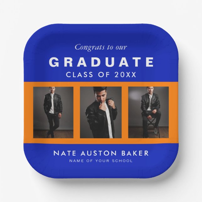 Foto Abschluss Collage Graduate Orange und Blue Pappteller (Vorderseite)