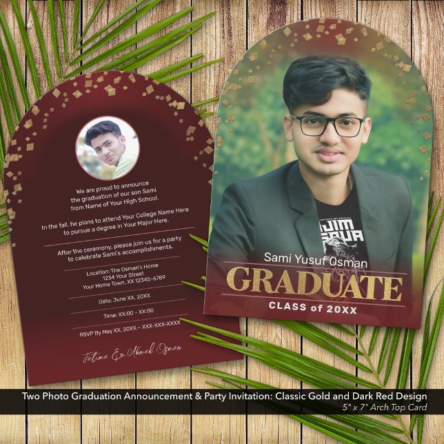 Foto Abschluss Einladung Classic Gold Dunkelrot (Two Photo Graduation Announcement and Invitation: Classic Design in Gold and Dark Red)