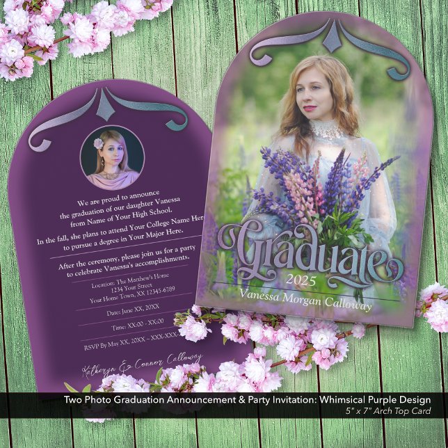 Foto Abschluss Einladung Whimsical Lila (Two Photo Graduation Announcement & Invitation: Whimsical & Enchanting Purple Fairytale Aesthetic.)