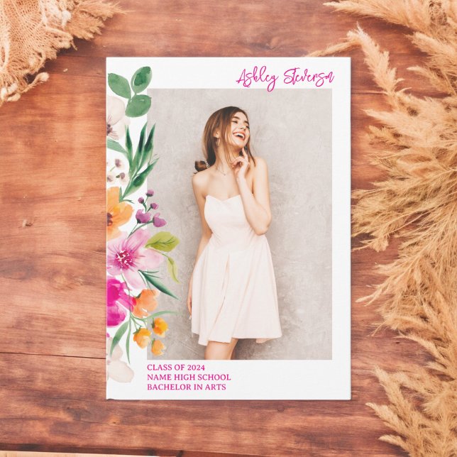 Foto-Abschluss für -Blume Ankündigung (Bright wild flowers script photo graduation announcement)