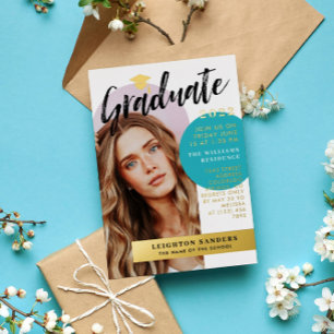 Foto-Abschluss für Gold und Aquamarine Retro-Arche Folieneinladung