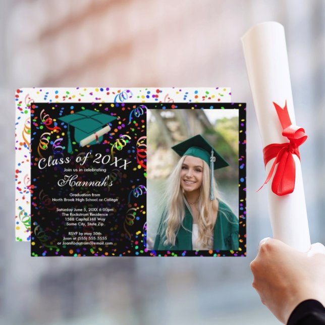 Foto Abschluss Green Cap Confetti Klasse des Party Einladung (Photo Graduation Green Cap Confetti Class of Party HZ Invitation)