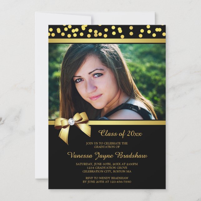 Foto-Abschluss-Imitat-Goldbogenconfetti-Schwarzes Einladung (Vorderseite)