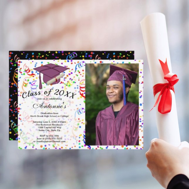 Foto Abschluss Lila Grad Cap Confetti Party Einladung (Photo Graduation Purple Grad Cap Confetti Party Invitation)
