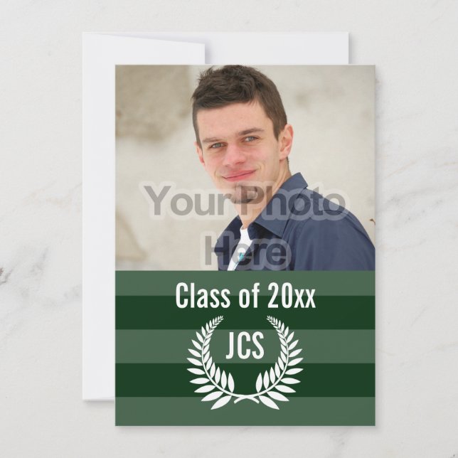 Foto Abschluss Monogram Laurel Green Strip Einladung (Vorderseite)