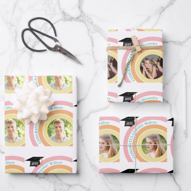 Foto Abschluss Rosa und orange Geschenkpapier Set (Vorderseite)