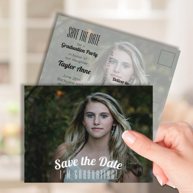 Foto Abschluss Save the Date Postkarte (2 photo graduation Save the Date Postcards)