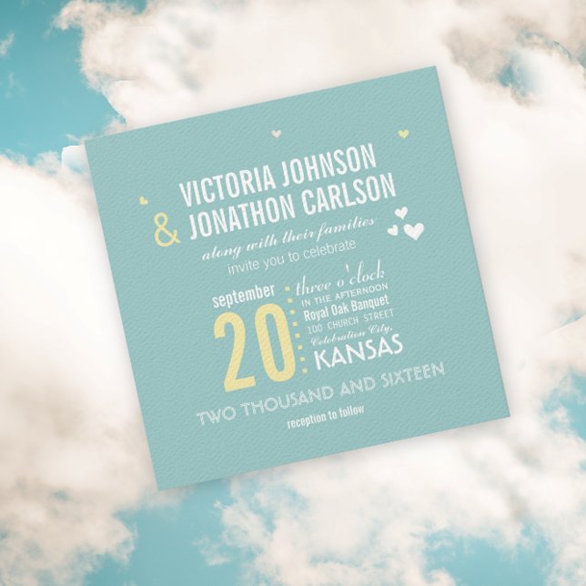 Foto Aqua und Yellow Zig Zag Typografy Wedding Einladung (Von Creator hochgeladen)