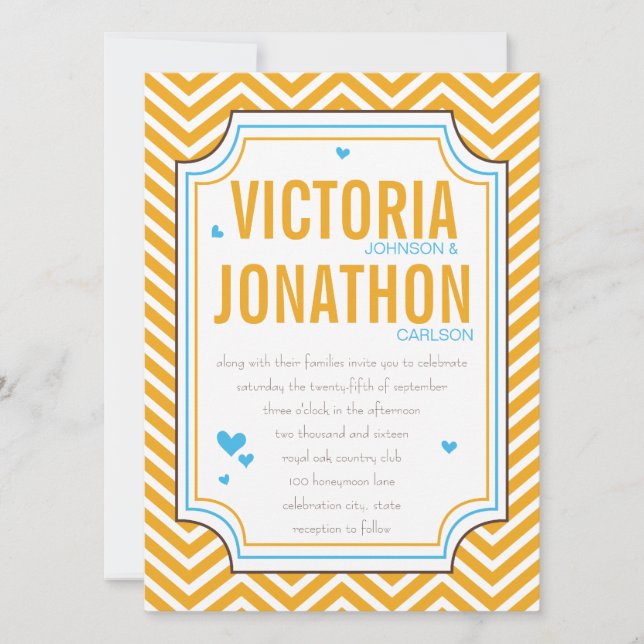 Foto Aqua Yellow Zig Zag Typografy Wedding Einladung (Vorderseite)
