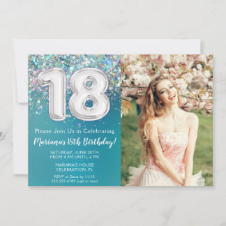 Foto Aquamarin Silver Glitzer 18. Geburtstag Einladung