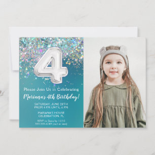 Foto Aquamarin Silver Glitzer 4. Geburtstag Einlad Einladung