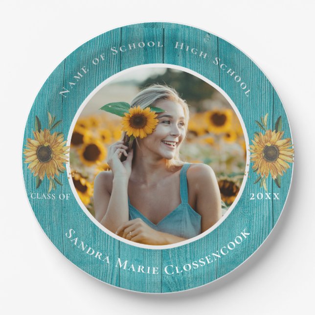 Foto Aquamarin Sunflower Yellow Graduierungspartei Pappteller (Vorderseite)