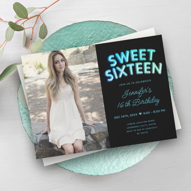 Foto Aquamarin Türkis Schwarze Balloons Süß 16 Einladung (Photo Teal Turquoise Black Balloons Sweet 16 Invitation)