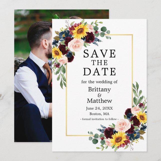 Foto Aquarell Mixed Floral Gold Rahmen Elegant Save The Date (Vorne/Hinten)