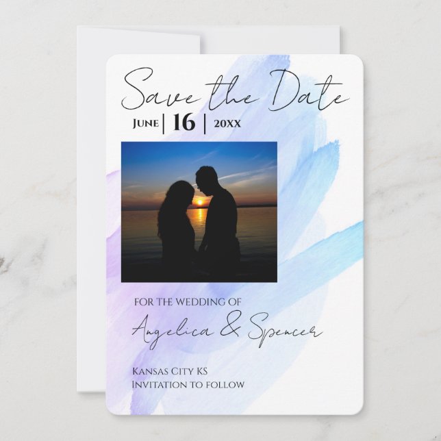 Foto Aquarell Modernes lila Blau Save the Date Einladung (Vorderseite)