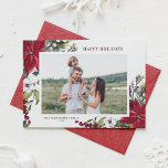 Foto "Aquarellrote Poinsettias" und "Blätter" Feiertagskarte<br><div class="desc">Gute Ferien! Senden Sie mit dieser individuell gestaltbaren Aquarell-Fotokarte Urlaubswünsche und Grüße an Familie und Freunde. Es verfügt über Aquarellpinekone,  Kiefernnadeln,  Hole,  Beeren und rote Poinsettien. Personalisieren Sie diese durch Hinzufügen von Namen,  Nachrichten,  Fotos und anderen Details. Diese Blumenkarte ist auch in anderen Kartenmaterial erhältlich.</div>