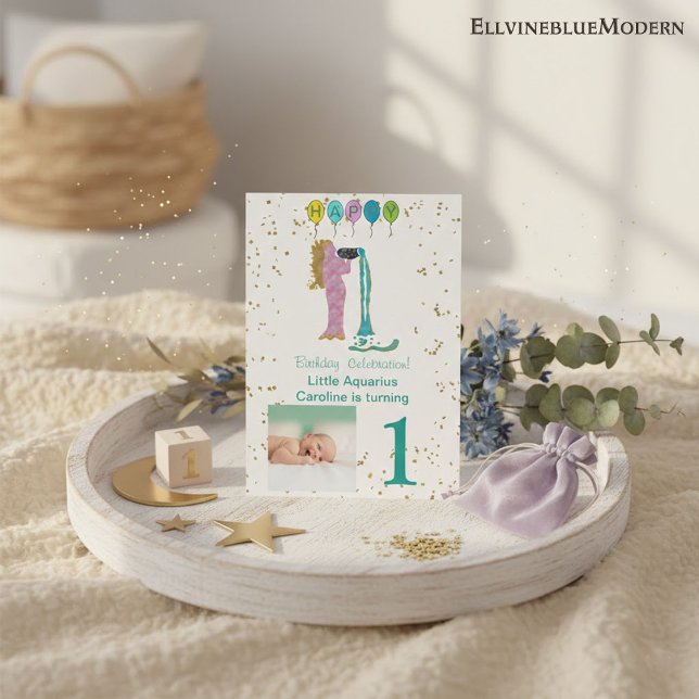 Foto & Aquarius Geburtstag mit Gold & Balloons Einladung (Von Creator hochgeladen)