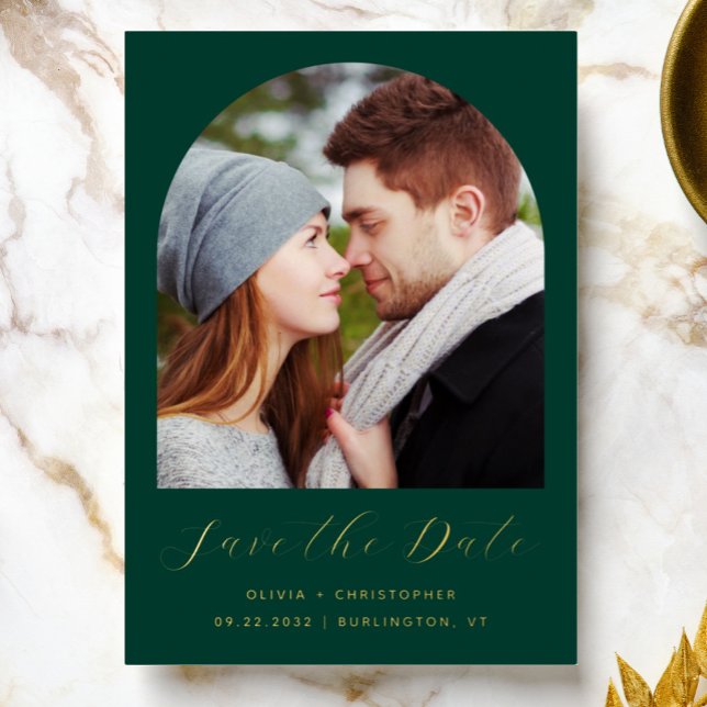 Foto Arch Emerald Green Gold Save the Date Folieneinladung (Von Creator hochgeladen)