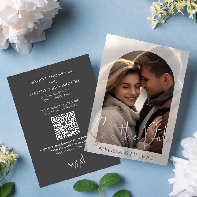 Foto Arch Template Elegante Hochzeit Save The Date (Elegant Wedding Save the Date photo card with scannable QR Code. )