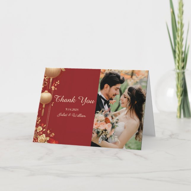Foto Asian Modern Chinese Bilingual Wedding Dankeskarte (Vorderseite)