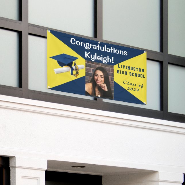 Foto aus blauem und gelben Vinyl-Abschluss Banner (Äußeres Gebäude)