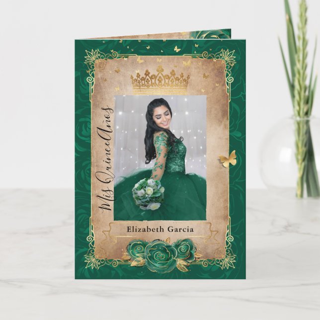 Foto aus Blumengolden und grünem Quinceñera geklap Einladung (Vorderseite)