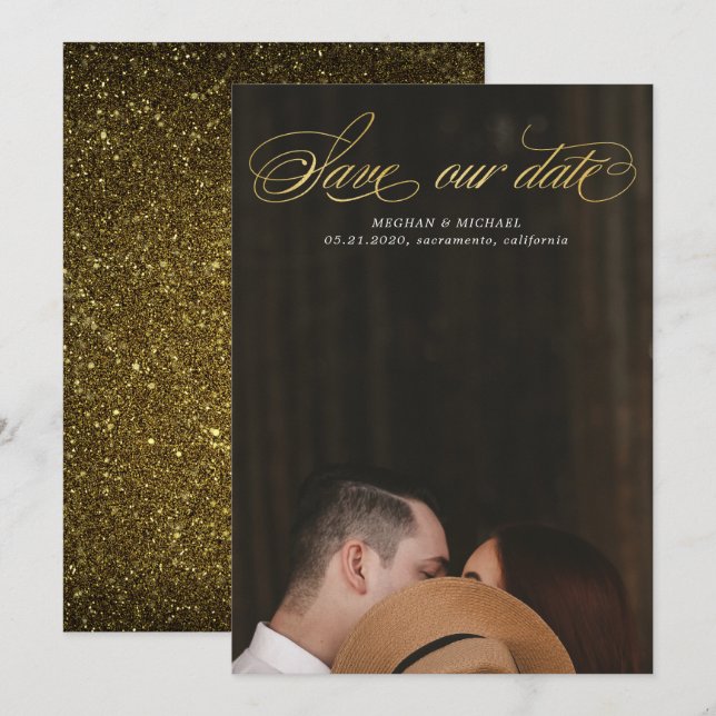 Foto aus Edelskriptgold-Imitaten Save the Date Einladung (Vorne/Hinten)