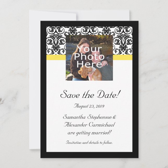 Foto aus schwarzem, weißem und gelbem Damast Save  Save The Date (Vorderseite)