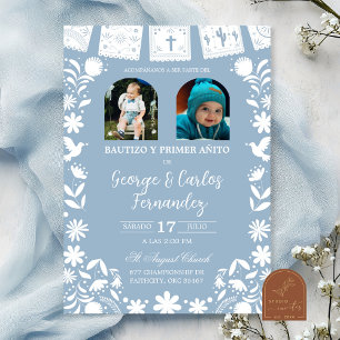 Foto Baby Blau Cielito Lindo Jungen Zwillinge Tauf Einladung