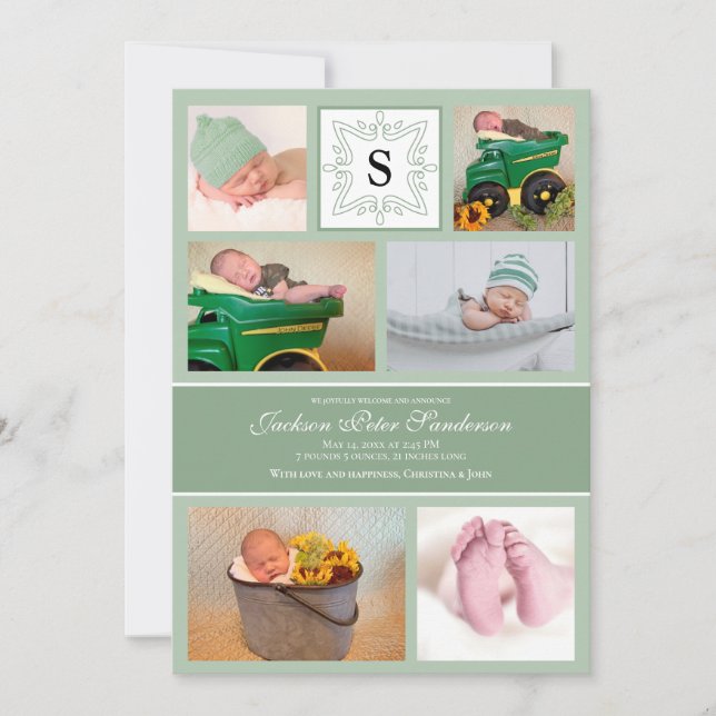 Foto Baby Boy Green Geburtshinweis Monogram Ankündigung (Vorderseite)