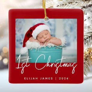 Foto Baby erstes Weihnachten Rot Weiß Schrift Keramikornament
