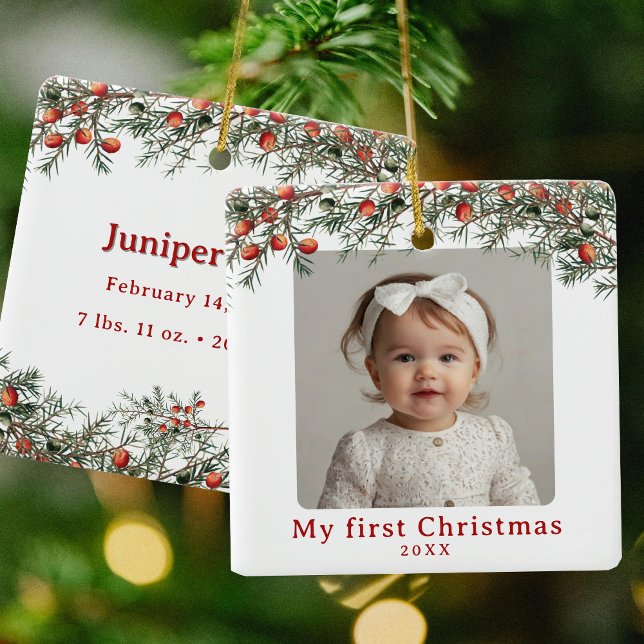 Foto Baby First Christmas Vintag Botanisch Keramikornament (Von Creator hochgeladen)