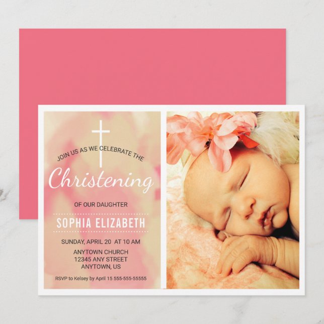 Foto Baby Girl Christening, Aquarellpinke Einladung (Vorne/Hinten)