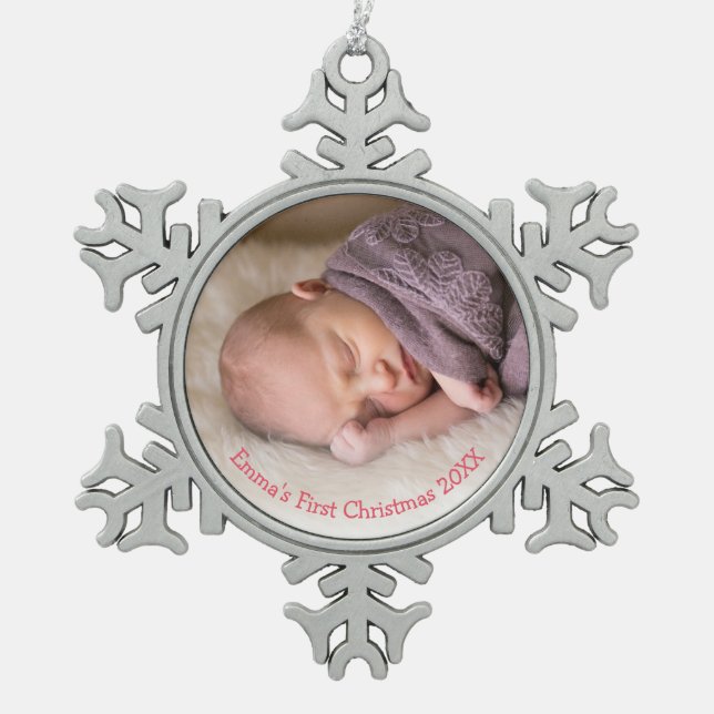 Foto Baby Girl Pink Babys Erste Weihnachten Schneeflocken Zinn-Ornament (Vorderseite)