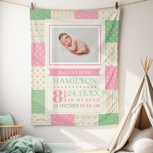 Foto Baby Pink und Green Birth Stats Fleecedecke (Pink and Green Birth Stats Photo Baby Fleece Blanket)