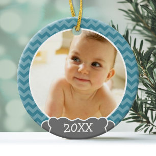 Foto Babys erstes Weihnachten - blaue Chevron grau Ornament Aus Metall
