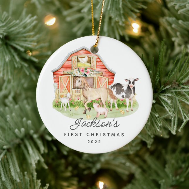 Foto Baby's First Christmas Farm Animals Keramik Ornament (Baum)