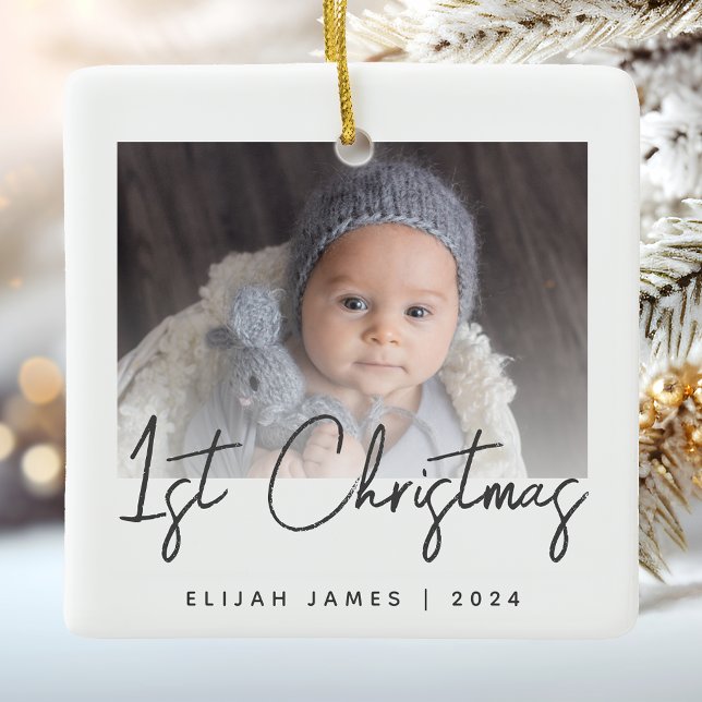 Foto Baby's First Christmas Gray Script Keramik Keramikornament (Von Creator hochgeladen)