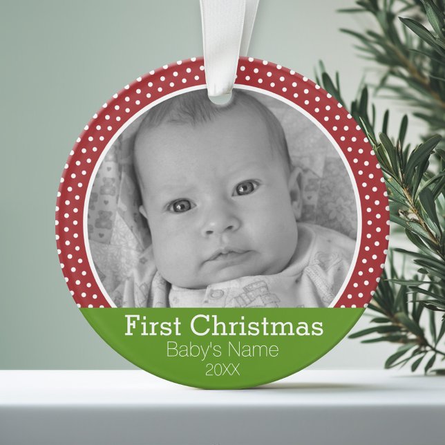 Foto Baby's First Christmas green/red polka Punkte Ornament (Personalized Photo Ornament)