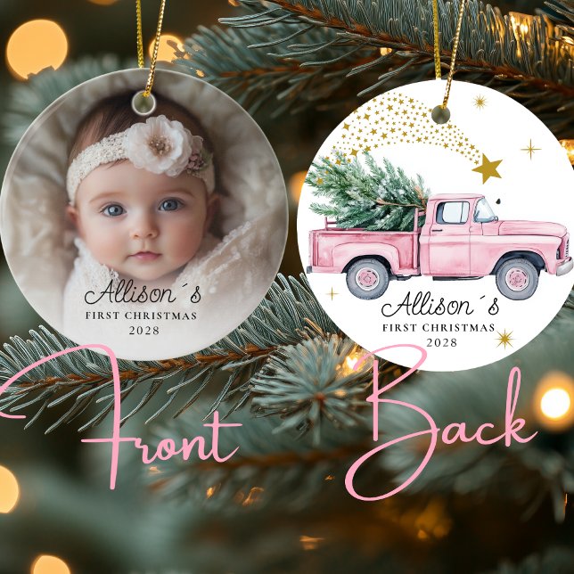 Foto Baby's First Christmas - Pink Truck Keramik Ornament (Photo Baby's First Christmas - Pink Truck with Christmas tree & Stars Ceramic Ornament)