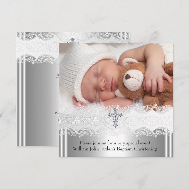 Foto Baptislace Cross Baby Boy Girl Silver 2 Einladung (Vorne/Hinten)