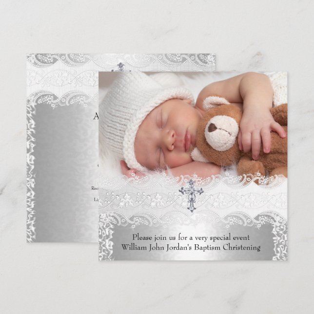 Foto Baptislace Cross Baby Boy Girl Silver Einladung (Vorne/Hinten)