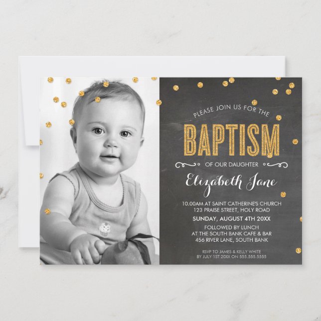FOTO BAPTISM Glitzer Konfetti-Tafel Einladung (Vorderseite)