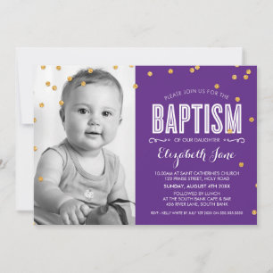FOTO BAPTISM niedlichen Gold Glitzer Konfetti lila Einladung
